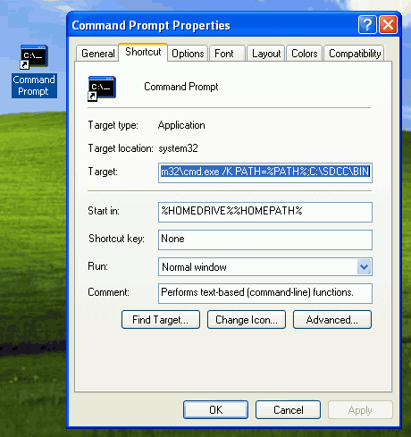 Windows XP, add '/K PATH=%PATH%;C:\SDCC\BIN' to Target