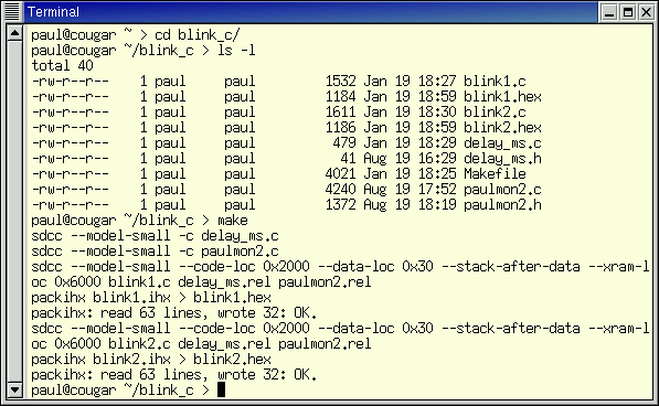 Screen Shot, GNU Make and SDCC in Gnome/Linux Window