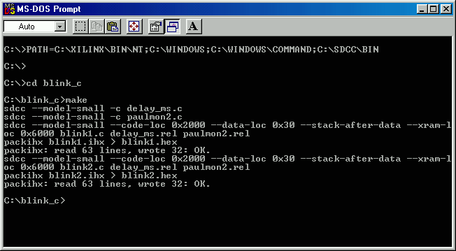 Screen Shot, GNU Make and SDCC in MSDOS Window
