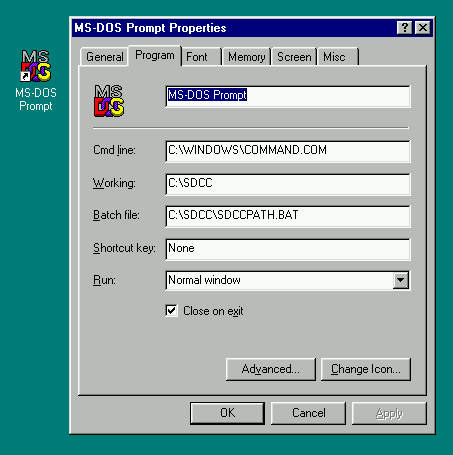 MSDOS Shortcut Properties: Working = C:\SDCC, Batch File = C:\SDCC\SDCCPATH.BAT