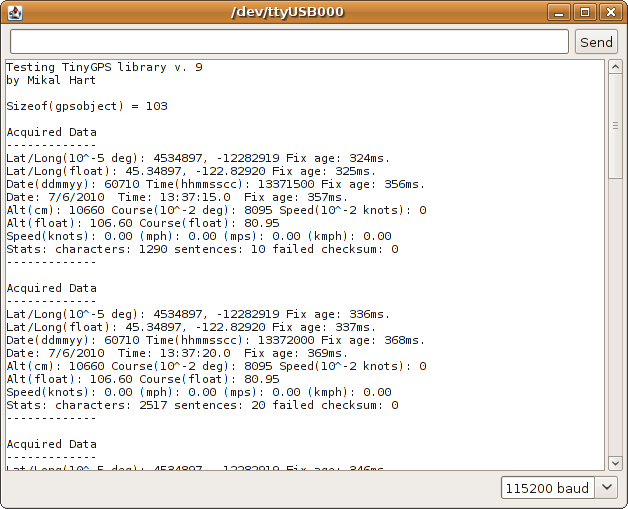 TinyGPS Library, Processing GPS data on